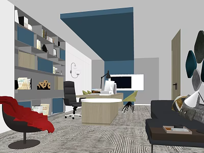 Modern Office Interior Design With Wooden Desk Shelves Sofa Decorative Art And Patterned Carpet 3d model