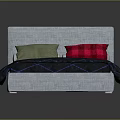 Modern Bed with Light Gray Headboard Blue Black Checkered Comforter Green Red Plaid Pillows