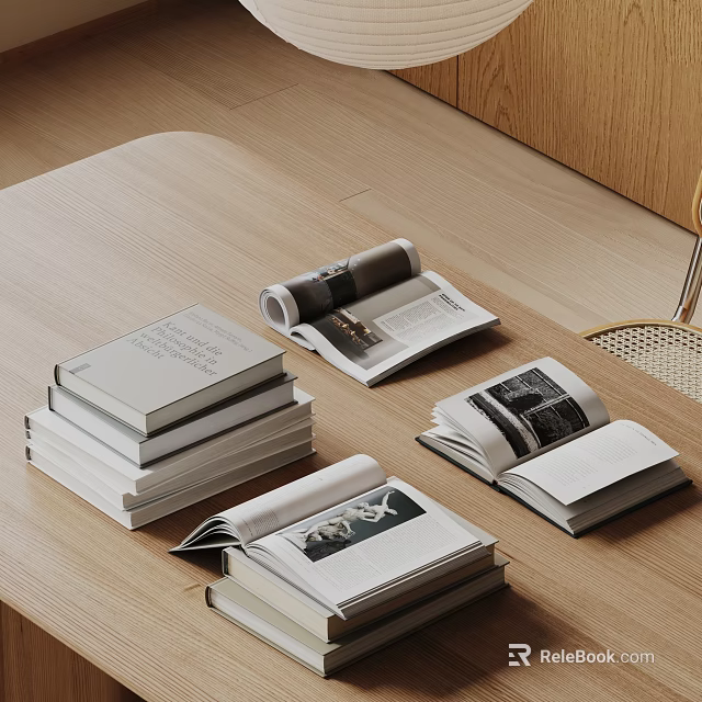 Stacked Books And Open Magazines With Illustrated Pages On Wooden Tabletop 3d model 