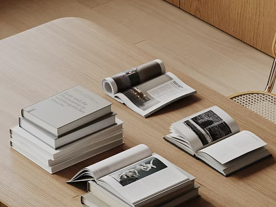 Stacked Books And Open Magazines With Illustrated Pages On Wooden Tabletop 3d model