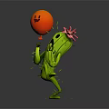 Cartoon Green Cactus With Red Flower On Head Surprised Expression Near Orange Smiley Balloon