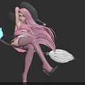 Woman with long pink hair in black witch hat on broom with blue owl lantern