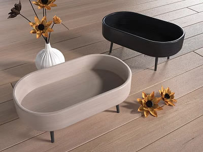 Light Wood And Black Oval Containers With Vase And Sunflowers On Wooden Floor 3d model