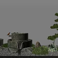 Japanese Style Courtyard Garden with Stone Mills Pine Tree Gravel Moss and Green Plants