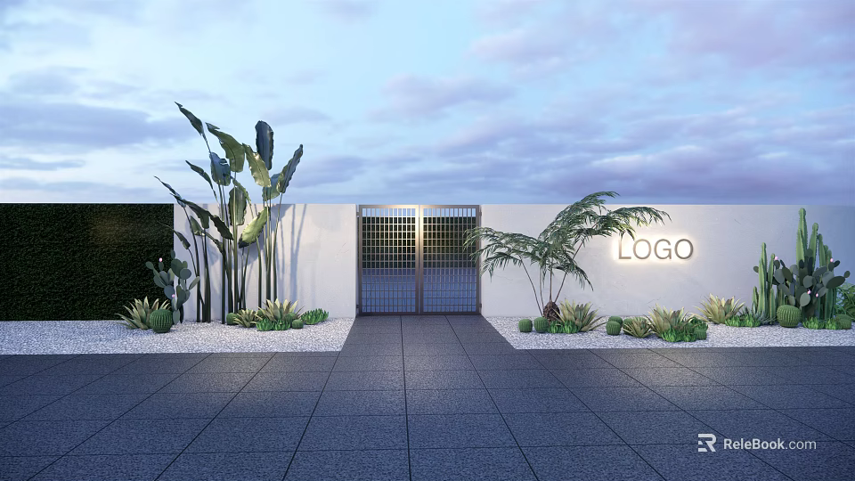 Modern Entrance Gate With White Wall Palm Trees And Paved Pathway 3d model 