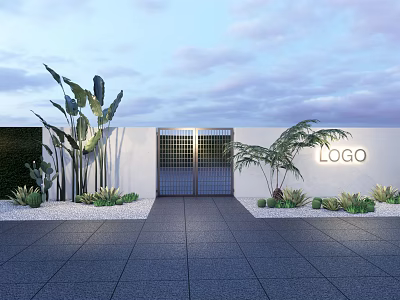 Modern Entrance Gate With White Wall Palm Trees And Paved Pathway 3d model