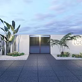 Modern Entrance Gate With White Wall Palm Trees And Paved Pathway
