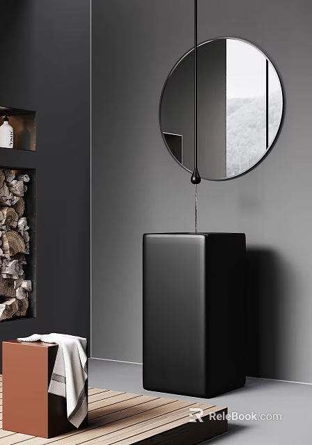 Modern Black Bathroom Sink With Round Mirror And Gray Wall Decor 3d model 