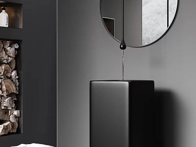 Modern Black Bathroom Sink With Round Mirror And Gray Wall Decor 3d model