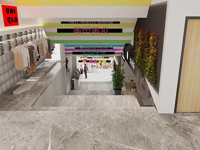 Shopping Mall Lobby With Colorful Ceiling Clothing Stores Green Plant Wall And Marble Floor 3d model