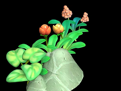 Plants With Green Leaves Orange And Yellow Flowers Pink Clusters Growing On Gray Rock 3d model