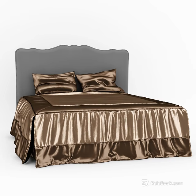 Elegant Double Bed With Gray Scalloped Headboard And Gold Silk Bedspread 3d model