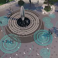 Modern Fountain Plaza Area With Blue Spiral Patterns Surrounded by Trees and People Walking