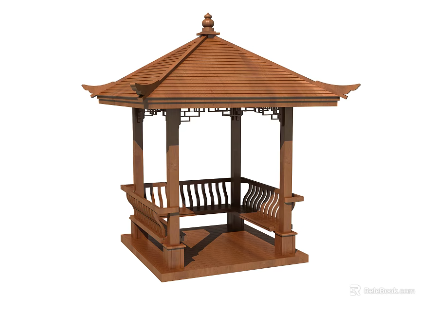 Traditional Chinese Wooden Pavilion With Curved Eaves Pagoda Roof Railings And Bench Seating 3d model 