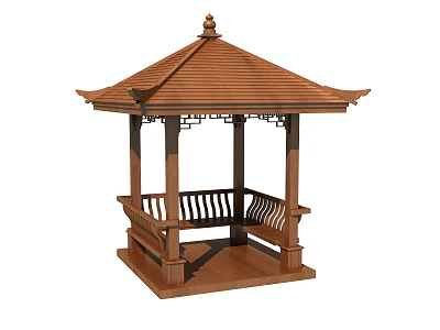 Traditional Chinese Wooden Pavilion With Curved Eaves Pagoda Roof Railings And Bench Seating 3d model