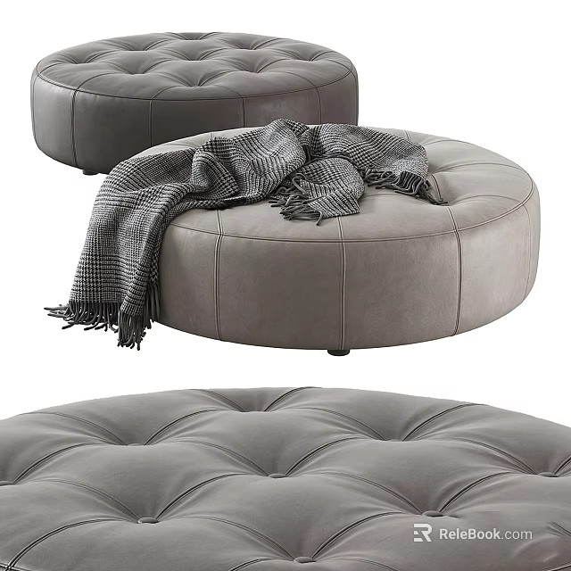 Round Gray Button Tufted Ottoman with Plaid Throw Blanket Modern Design 3d model