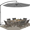Outdoor Wooden Table With Wicker Chairs Large Umbrella Fruits And Drinks For Patio