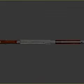 3D Rendered Gun Featuring Red Wooden Grip Stock Silver Metal Parts Gray Background Reflection