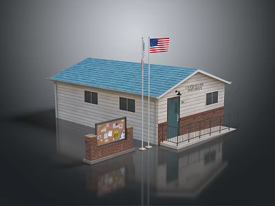 Small Township Building With Blue Roof American Flag And Bulletin Board 3d model