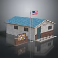 Small Township Building With Blue Roof American Flag And Bulletin Board