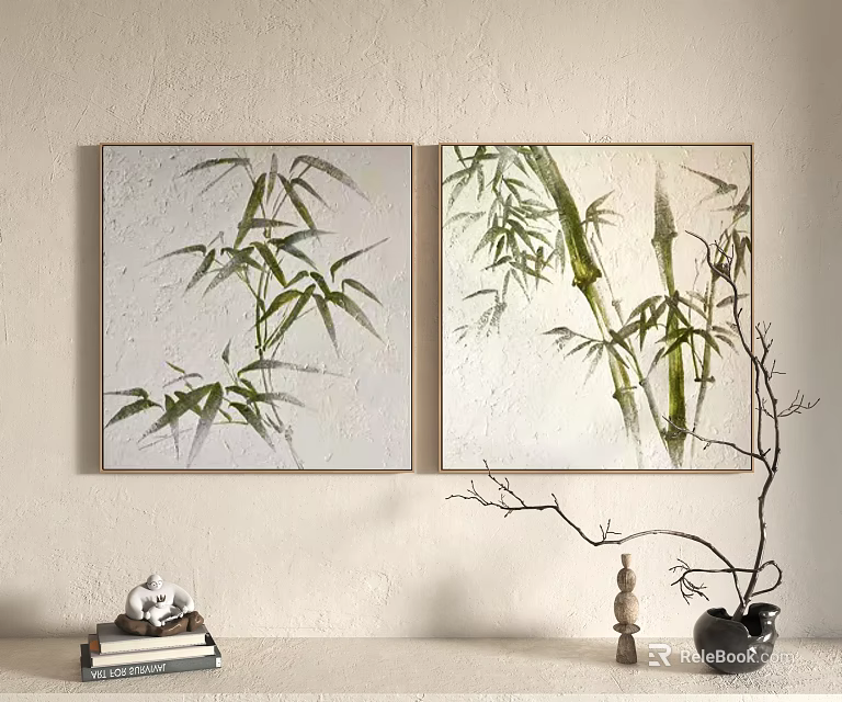 Two Bamboo Plant Paintings Hanging On Wall With Decorative Branches 3d model 