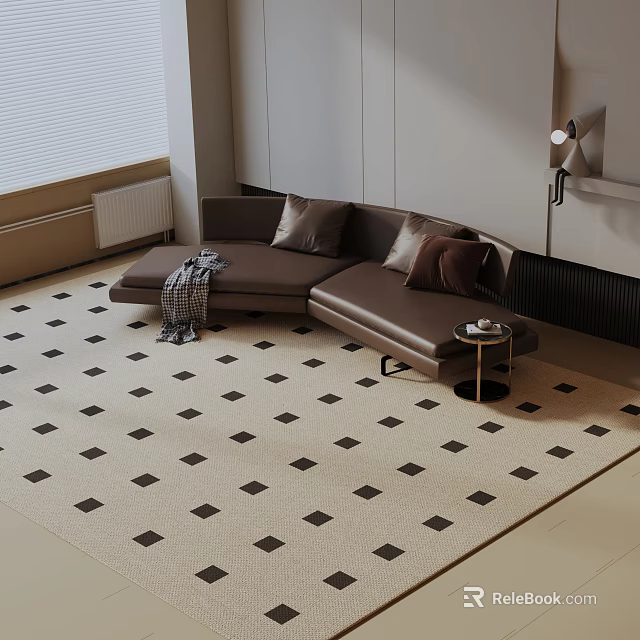 Brown Three Seater Sofa With Side Table And Patterned Rug In Living Room 3d model