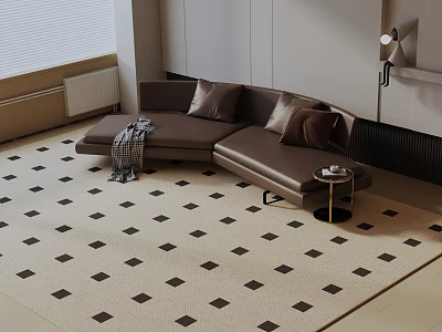 Brown Three Seater Sofa With Side Table And Patterned Rug In Living Room 3d model