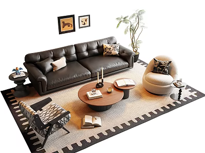 Black Leather Sofa And Round Coffee Table Set With Pillows Books Candles Armchair And Plant 3d model