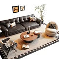 Black Leather Sofa And Round Coffee Table Set With Pillows Books Candles Armchair And Plant