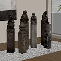 Decorative Stone Pillars With Carved Lion Statues On Pebble Surface In Interior