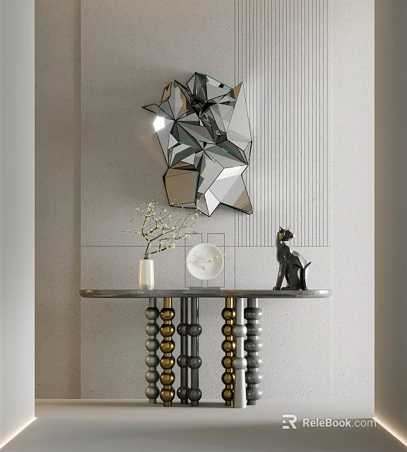 Modern Luxury Console Table With Geometric Mirror Vase Decorative Plate And Cat Figurine 3d model 