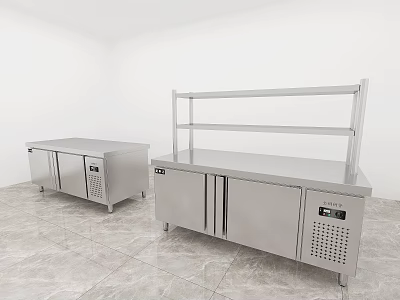 Kitchen Appliances Stainless Steel Refrigerated Worktables with Shelf Storage in White Room and Marble Floor 3d model