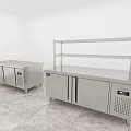 Kitchen Appliances Stainless Steel Refrigerated Worktables with Shelf Storage in White Room and Marble Floor