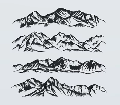 Mountain Silhouettes Set Of Four Black And White Outline Art Designs 3d model