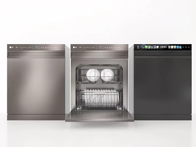 Three Kitchen Appliance Dishwashers with Open and Closed Doors Internal Rack and Bowls 3d model