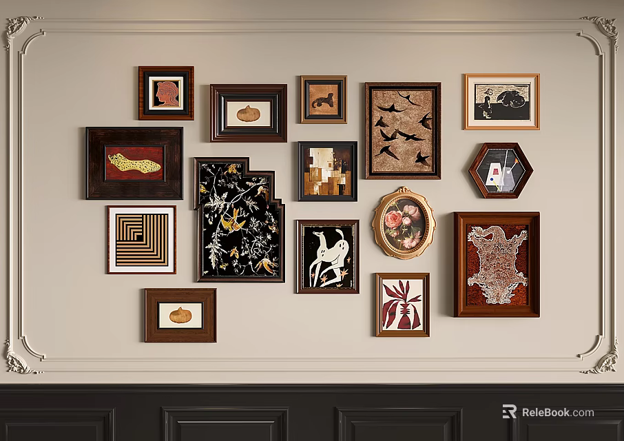 Abstract Paintings Wall Display Featuring Multiple Frames And Different Shapes 3d model