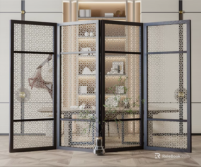 Modern Room Divider Black Frame Perforated Design With Display Shelves And Green Plants 3d model 