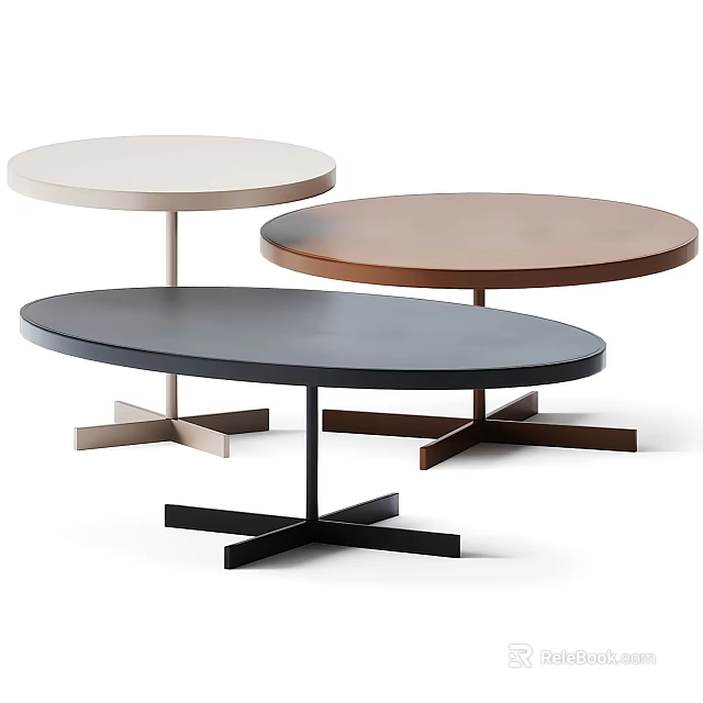 Modern Coffee Tables With Round And Oval Tops And Cross Metal Bases In Different Colors 3d model 