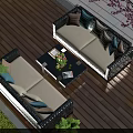 Modern Outdoor Patio With Wicker Sofas Light Gray Blue Cushions Wooden Deck And Green Plants