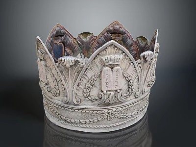 Ornate Silver Crown Sculptural Carving With Intricate Leaf Motifs And Inscription Details 3d model