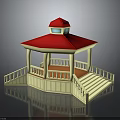Classic Gazebo Structure With Red Roof White Pillars And Staircase Steps