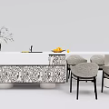 Dining Table Set With Zebra Pattern Cabinet White Countertop And Four Gray Upholstered Chairs 3d model