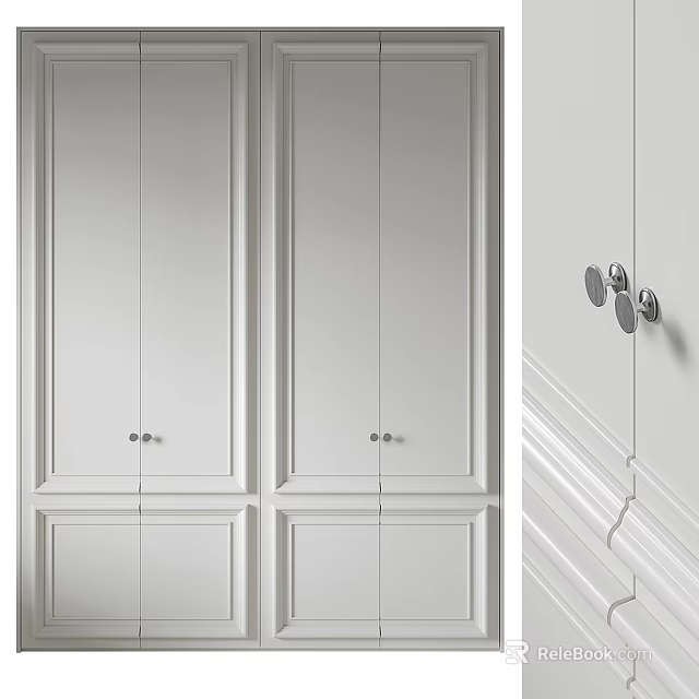 Sleek Modern Wardrobe Interior Design With White Paneled Doors And Metal Handles 3d model 