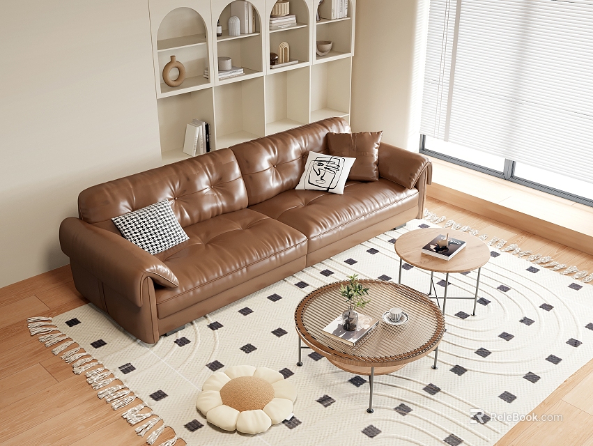 Brown Leather Sofa with Checkered Pillows Coffee Tables on Geometric Rug near Bookshelf and Window 3d model 