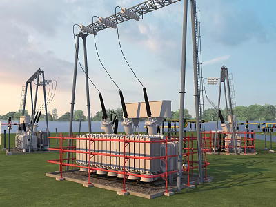 Outdoor Industrial Power Transformer Equipment With Metal Framework And Red Railings 3d model