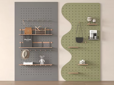 Gray Green Pegboard Wall Decor with Wooden Shelves Hooks and Hanging Accessories 3d model