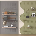 Gray Green Pegboard Wall Decor with Wooden Shelves Hooks and Hanging Accessories