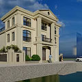 Two Story Beige Detached Villa With Symmetrical Design Porch Green Plants And White Car