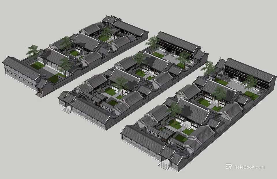 Ancient Chinese Architecture with Multiple Courtyards Gray Tile Roofs and Courtyard Garden Design 3d model 