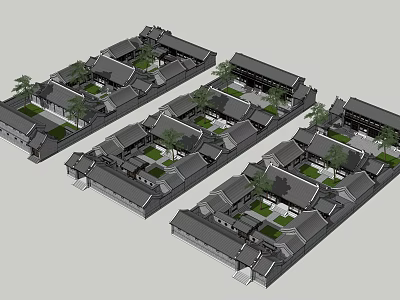 Ancient Chinese Architecture with Multiple Courtyards Gray Tile Roofs and Courtyard Garden Design 3d model